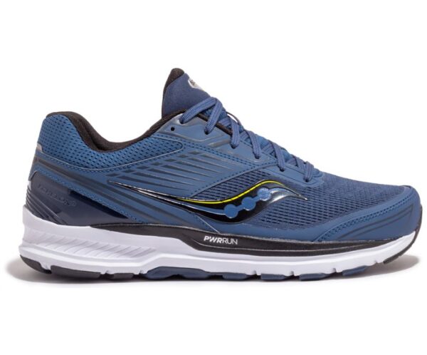 A blue Men's Echelon 8 Storm-Black running shoe with a white sole and yellow logo displayed in a side view on a white background.