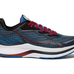 A saucony endorphin shift 2 running shoe in blue with red laces, a white midsole, and the saucony logo on the side.