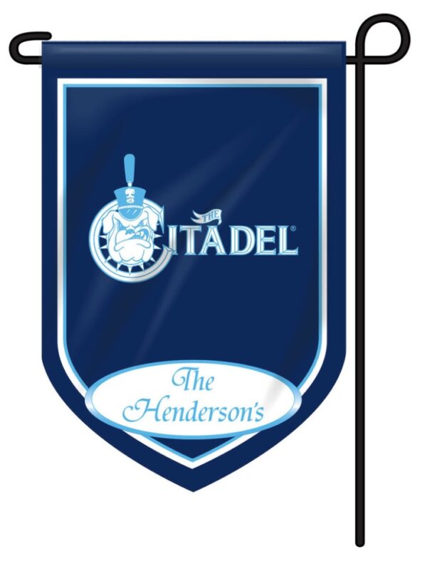 Blue and white Personalized Collegiate Garden Flag with "the citadel" logo and "the hendersons" text, displayed on a wall mount.