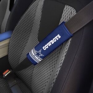 A Dallas Cowboys Rally Seatbelt Pad - Pair with the "cowboys" logo and a star on it, fitted on a car seat's gray and black strap.