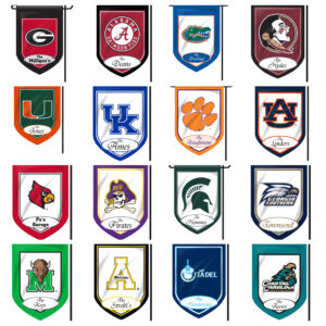 Grid of 20 Personalized Collegiate Garden Flags representing various universities and mascot logos.