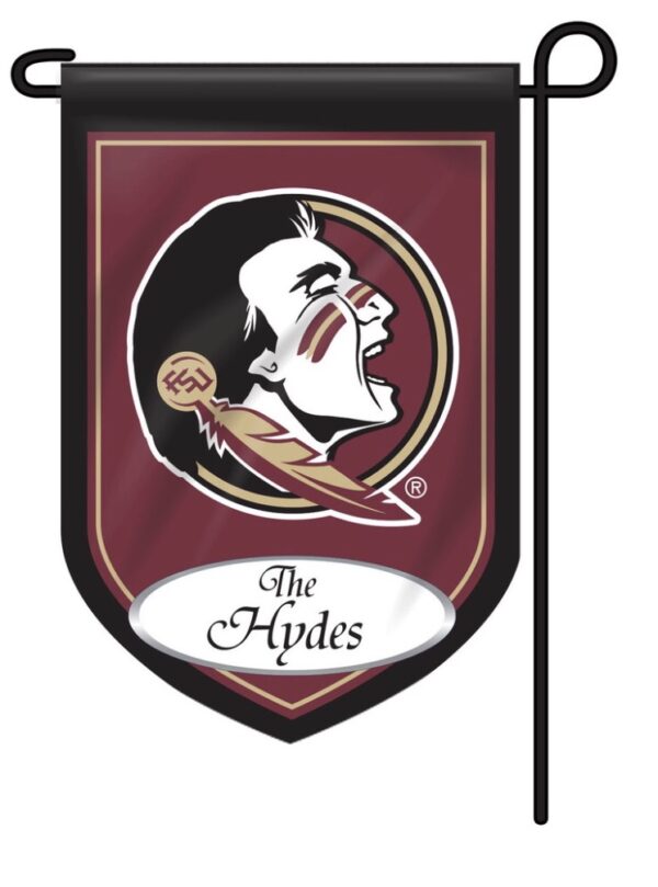 Personalized Collegiate Garden Flags featuring a logo with a stylized human face, maroon and beige colors, and the text "the hydes" at the bottom.