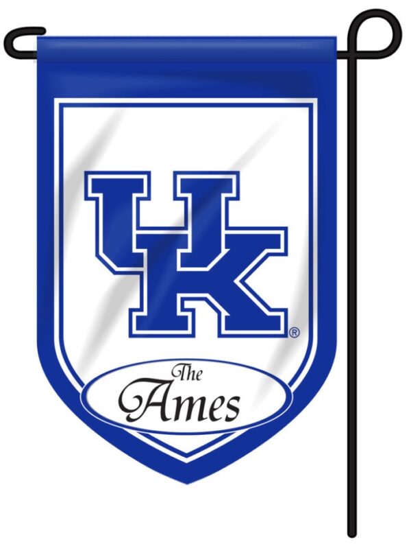 Blue and white Personalized Collegiate Garden Flag featuring the letter "K" and the text "The Ames" displayed on a flagpole.