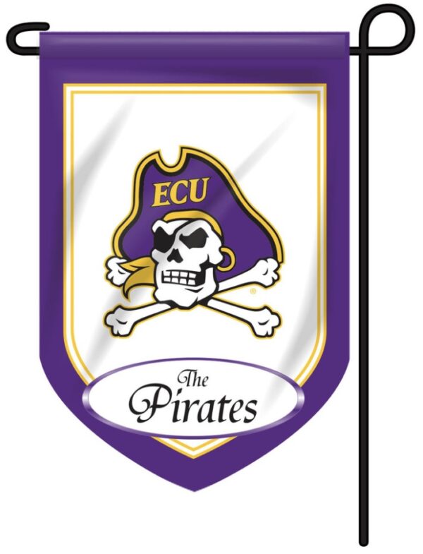 A Personalized Collegiate Garden Flag featuring East Carolina University's mascot, a skull and crossbones with a purple and gold banner, and the text "ecu" and "the pirates".