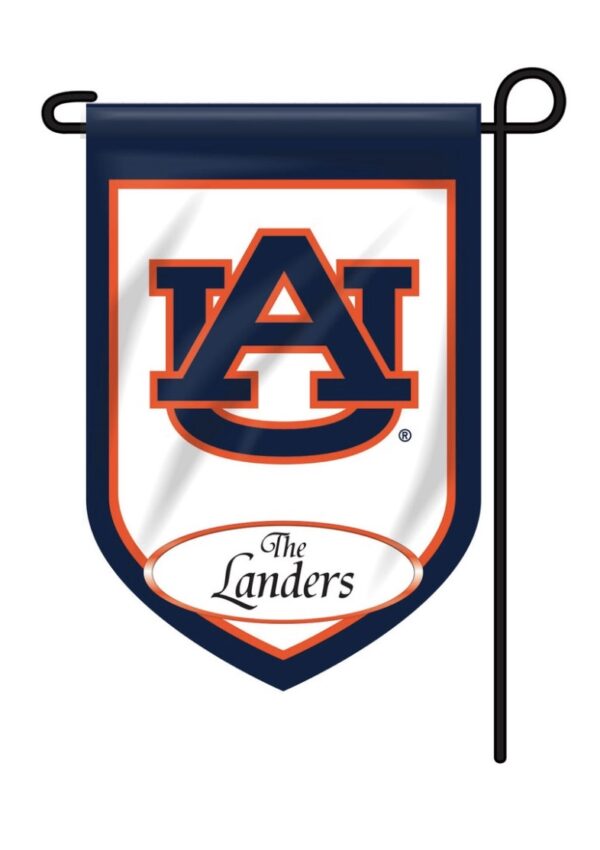 A Personalized Collegiate Garden Flag featuring the logo of Auburn University with the initials "AU" in orange and blue on a white background, labeled "The Landers" at the bottom.