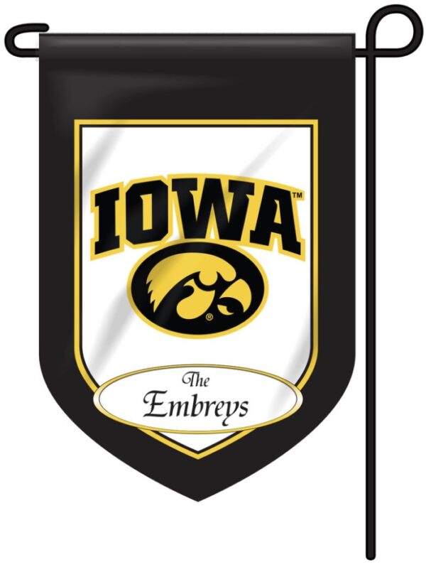 A black and yellow Personalized Collegiate Garden Flag featuring the word "iowa" at the top and a logo with a tiger hawk, below which is the text "the embreys.