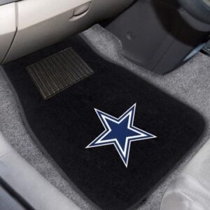Dallas Cowboys Embroidered Car Mat Set with a white star logo on a black background, placed in a vehicle's interior next to a gray carpet.