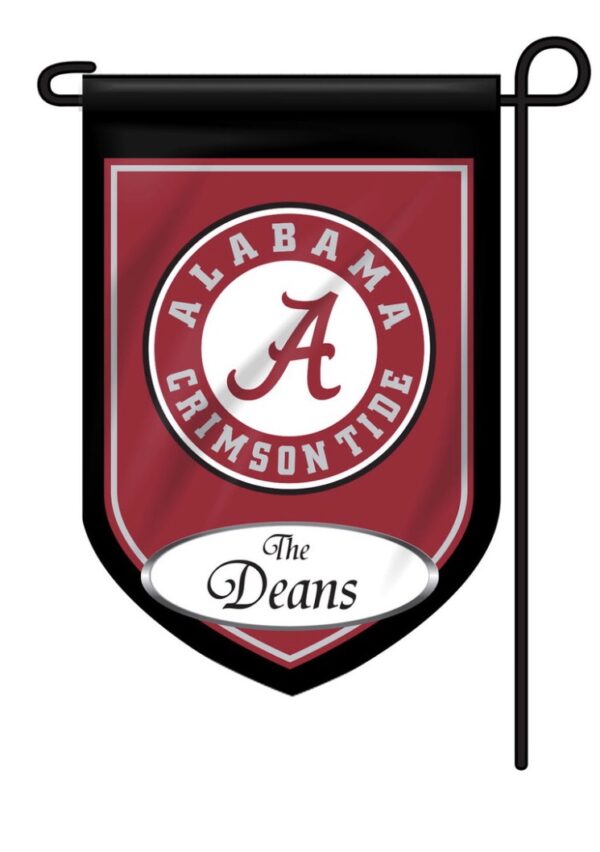 A personalized collegiate garden flag featuring the University of Alabama's logo with "Alabama Crimson Tide" and "The Deans" text on a red background.