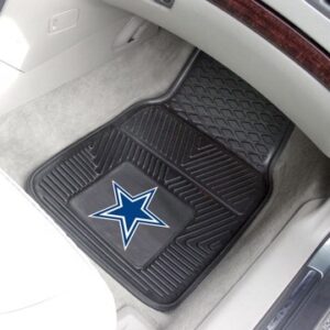 Dallas Cowboys Vinyl Front Car Mat Set with a blue star design in the center, placed on a vehicle's gray carpeted interior.