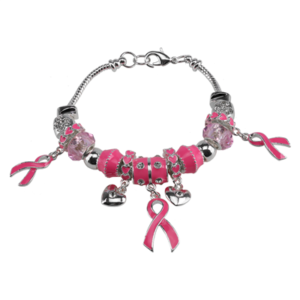 PINKTOBER BREAST CANCER CHARM BRACELET featuring pink and silver beads, pink ribbon charms, and heart and bell dangles on a silver chain.