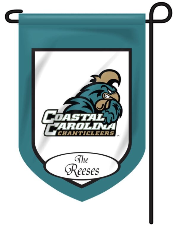 A Personalized Collegiate Garden Flag featuring the Coastal Carolina Chanticleers logo with a stylized rooster image, accented in teal and black, displayed on a decorative flag.