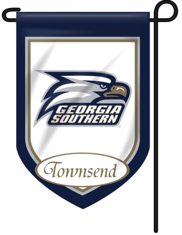 A Personalized Collegiate Garden Flag featuring the Georgia Southern University logo with an eagle head and the word "townsend" below on a blue and white background.