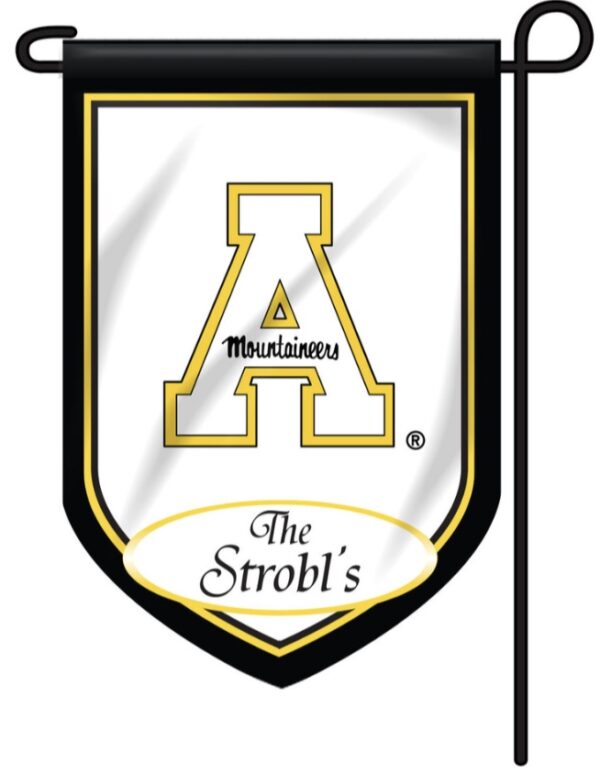 Personalized Collegiate Garden Flags featuring the letter "a" for app state mountaineers, with "the strobl's" at the bottom, hanging from a black pole with wrought iron details.