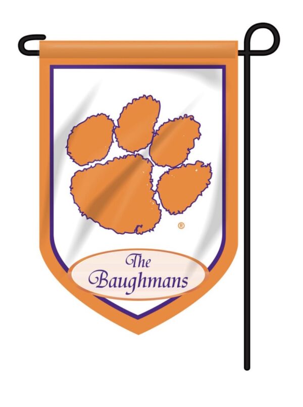 Orange and white Personalized Collegiate Garden Flag featuring a tiger paw print with the name "the baughmans" displayed below.