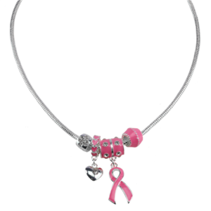PINKTOBER RIBBON NECKLACE with a heart pendant and assorted beads on a white background.