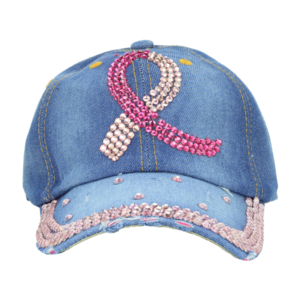 Blue denim breast cancer ribbon hat decorated with a pink rhinestone breast cancer awareness ribbon on the front.