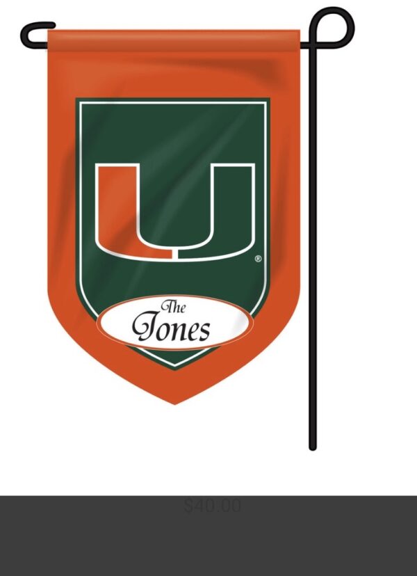 Personalized Collegiate Garden Flags with a letter 'u' logo and 'the jones' text, hanging on a metal pole, priced at $40.00.