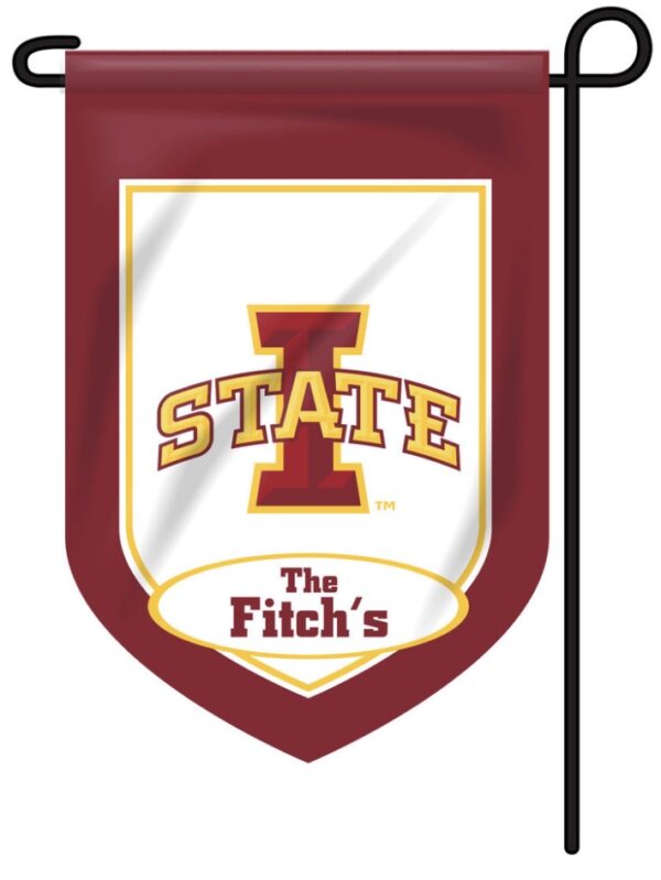 A Personalized Collegiate Garden Flag featuring the letter "i" over the word "state", with "the fitch's" at the bottom, all in red and gold colors, hanging from a black pole.