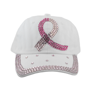 White Breast Cancer Ribbon Hat with a pink and silver rhinestone ribbon design and a studded bill.