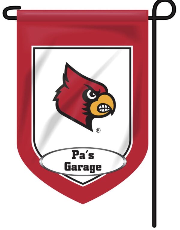 A Personalized Collegiate Garden Flag featuring a stylized red cardinal logo above the text "pa's garage" displayed on a shield-shaped red and white background.