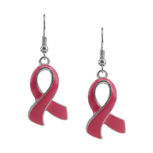 A pair of PINKTOBER RIBBON EARRINGS, symbolizing breast cancer awareness, with silver hooks.