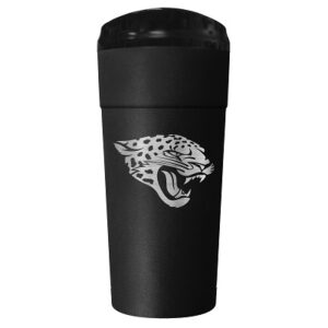 Jacksonville Jaguars Stainless Steel 24oz Stealth Tumbler with a silver jaguar head logo on its side and a black lid.