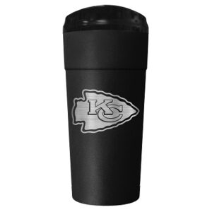 Black insulated travel mug with a Kansas City Chiefs Stainless Steel 24oz Stealth Tumbler logo on the side.