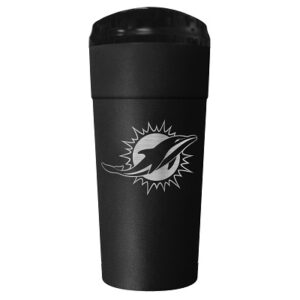 Miami Dolphins Stainless Steel 24oz Stealth Tumbler with a white stylized shark logo encircled by a sunburst pattern on its side.