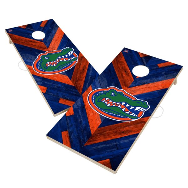 UNIVERSITY OF FLORIDA GATORS 2x4 Solid Wood Cornhole game boards set featuring blue and orange designs with large alligator mascots on each board.
